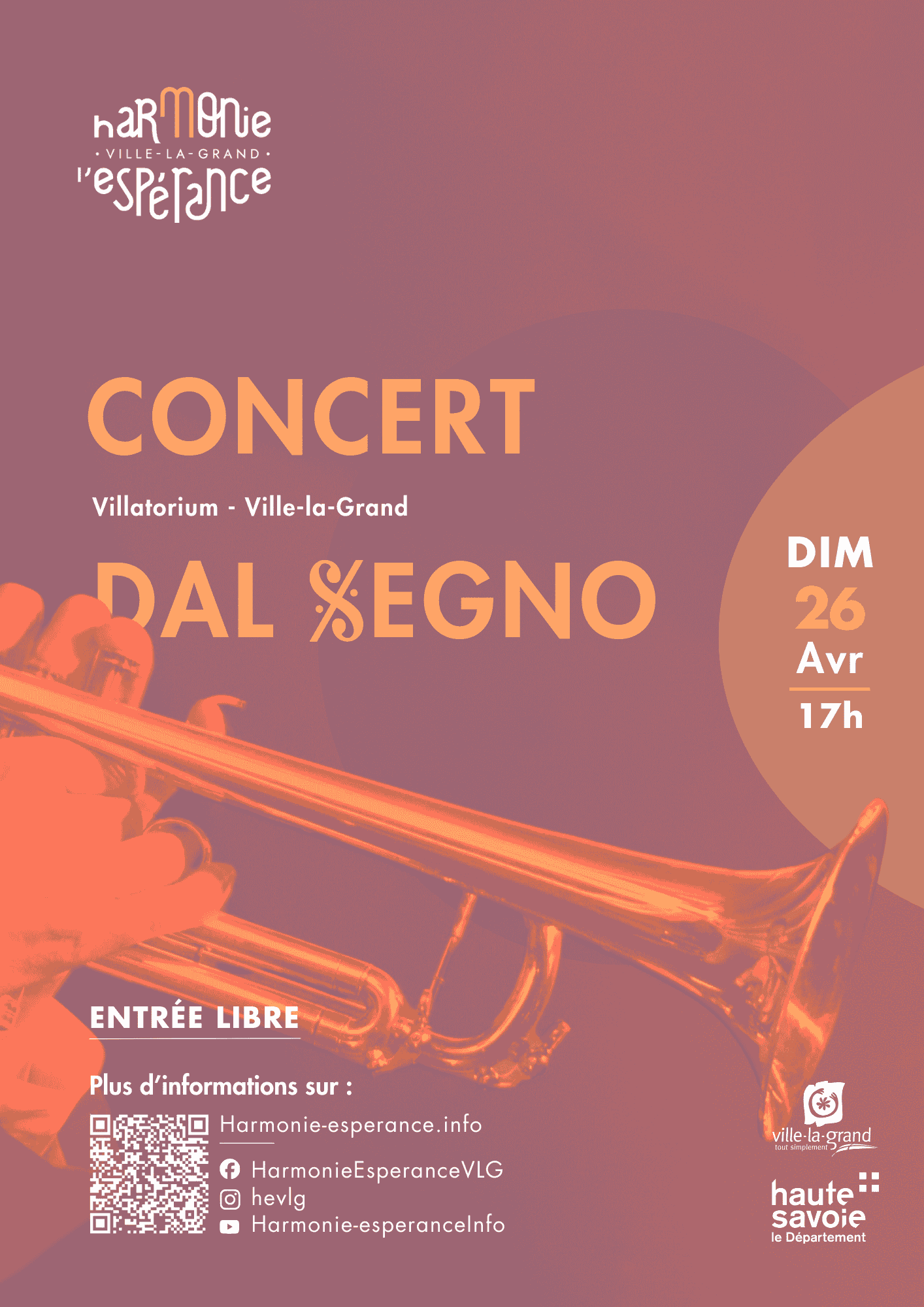 Affiche du concert dal segno avec une trompette et description avec date, lieu heure du concert.